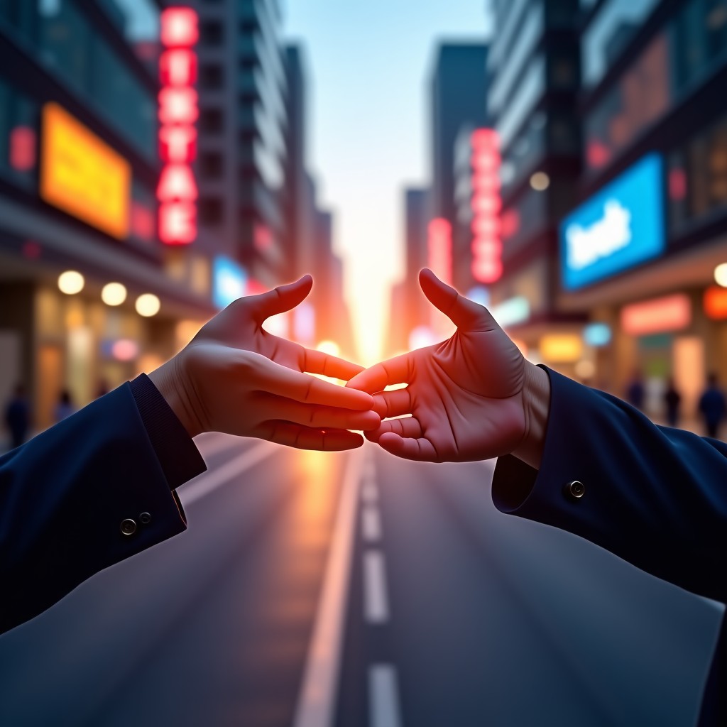 Conceptual art of digital connectivity and safe social interaction, bright colors, blurred city background, warm and optimistic mood, 4:3