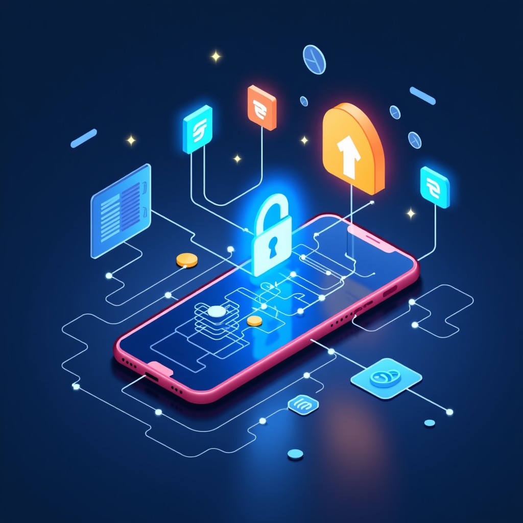 Abstract representation of digital security nodes and smartphone connectivity, tech infographic style, modern layout, 4:3.