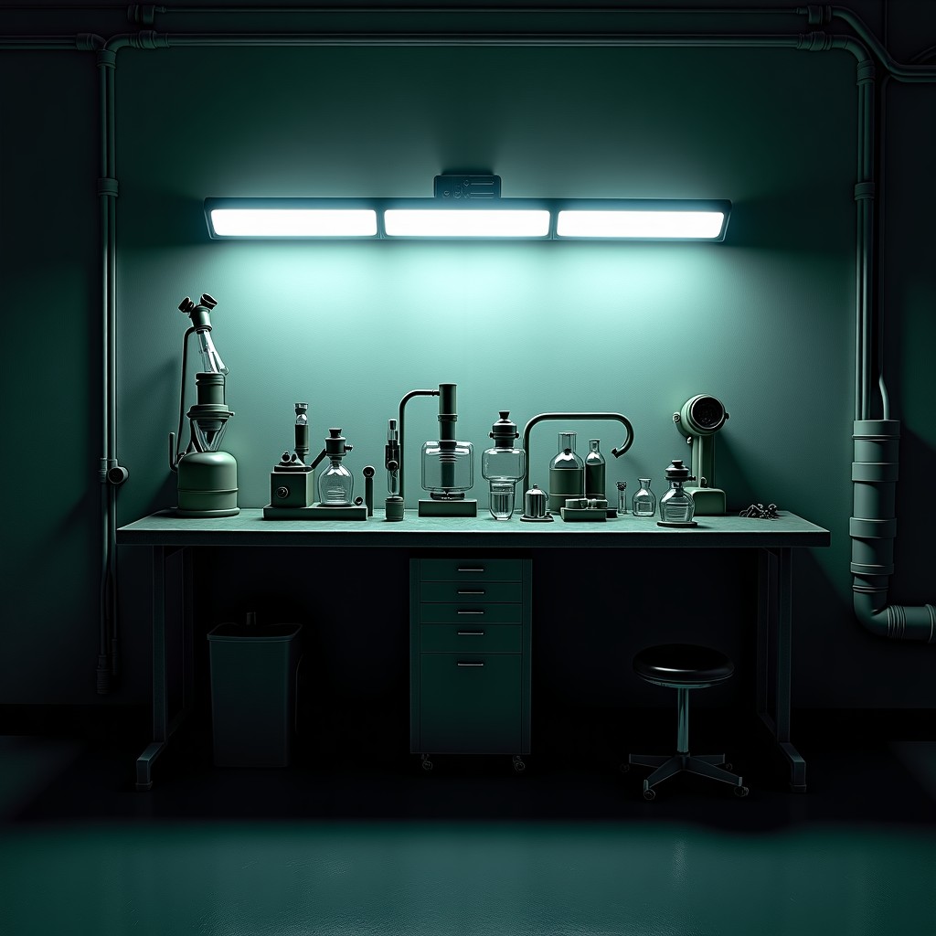 An empty laboratory desk with abandoned scientific equipment, moody lighting, dark industrial atmosphere, realistic photography, 4:3