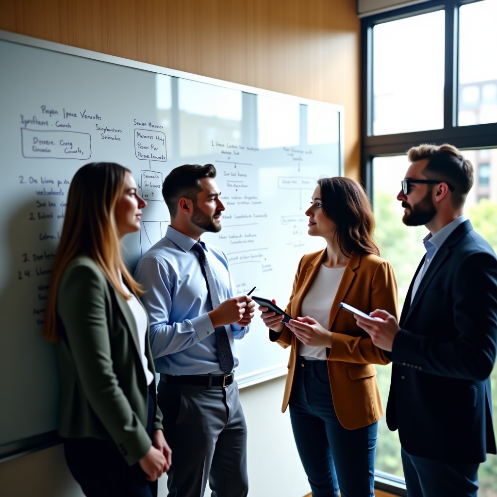 A group of diverse researchers discussing complex theories on a whiteboard, focus on teamwork, natural lighting, professional atmosphere, 4:3