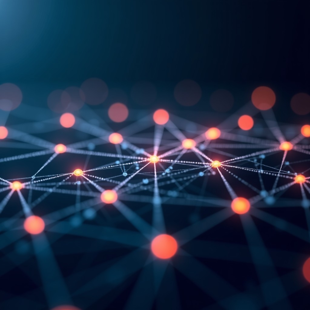 Abstract representation of digital connections and particles merging, high contrast, clean minimalist background, glowing nodes, 4:3