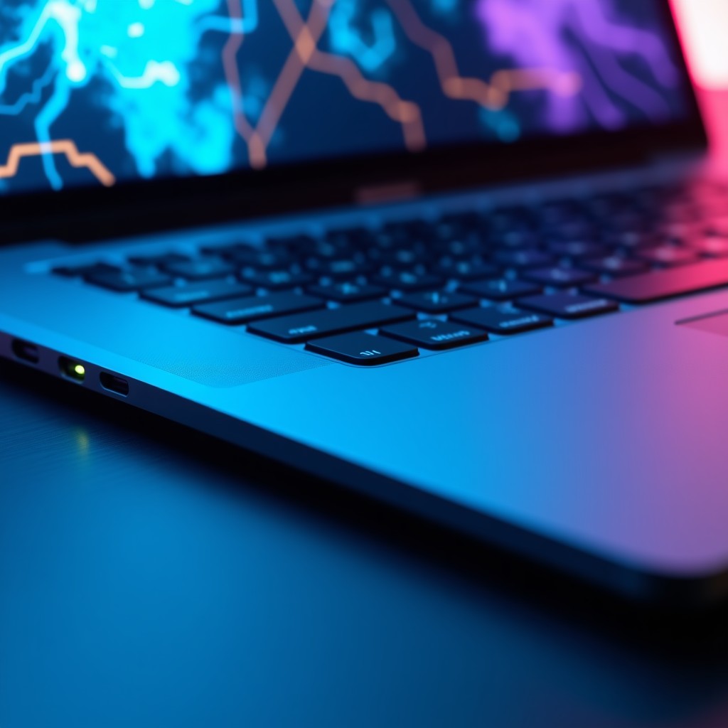 Close up shot of professional sleek laptop interior, modern technology, abstract circuit board background, soft blue and purple lighting, 4:3