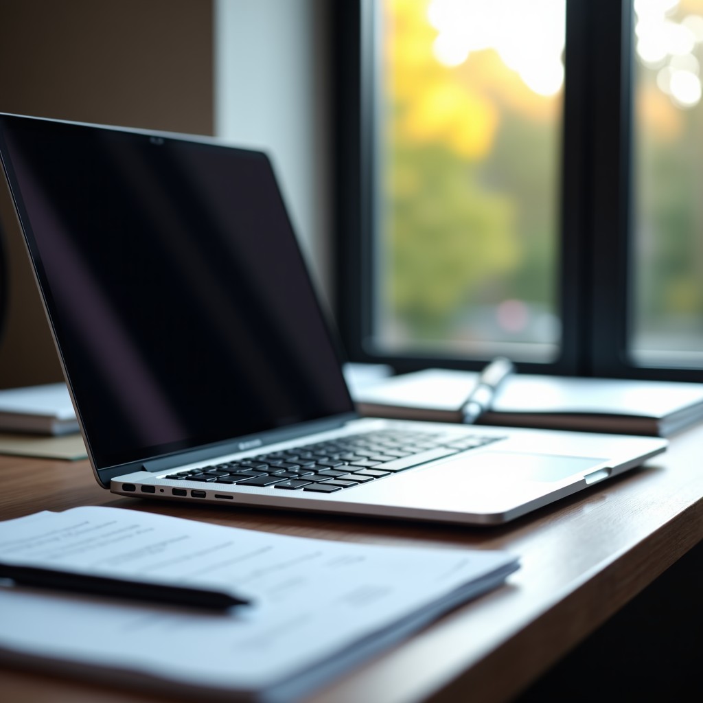 Professional workspace with a sleek laptop and organized documents, soft ambient light, high quality photography, 4:3