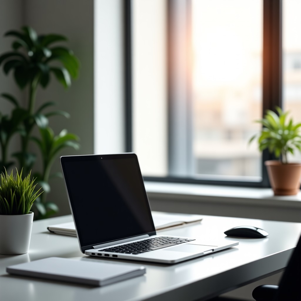 A clean and organized modern office desk with a laptop, soft light coming from a window, high resolution, professional aesthetic, 4:3