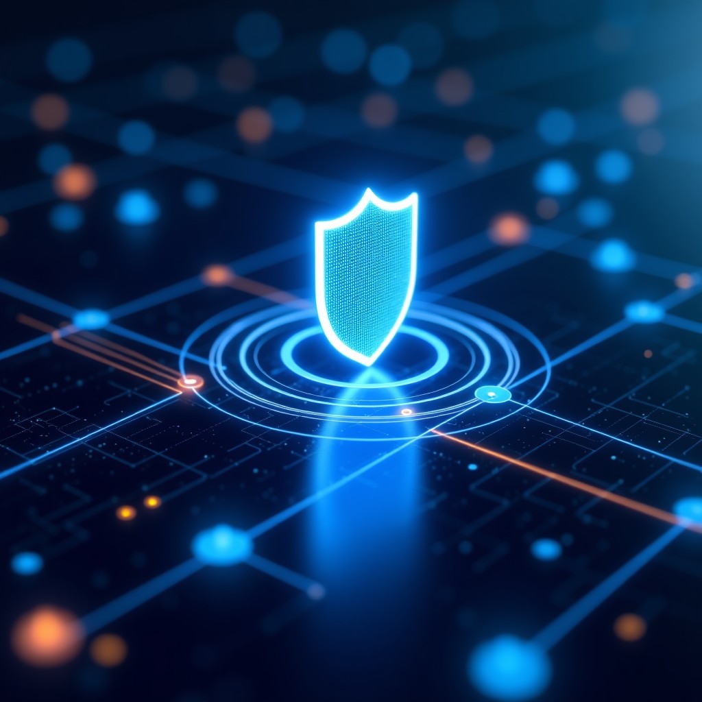 Abstract representation of digital security with glowing lines and a secure shield icon in a futuristic tech environment, 4:3 aspect ratio.