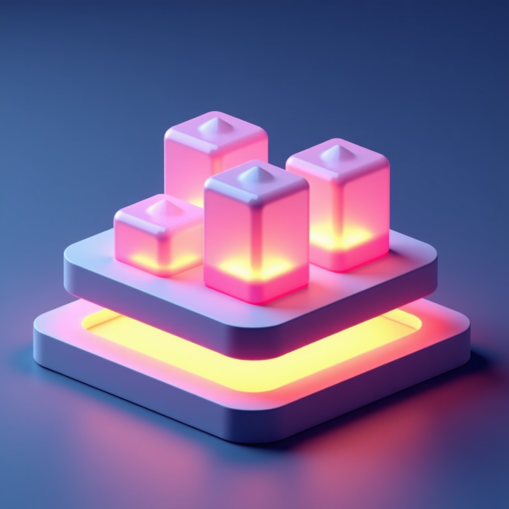 Abstract representation of software sandboxes, modular digital containers floating in a glowing interface, clean design, 16:9