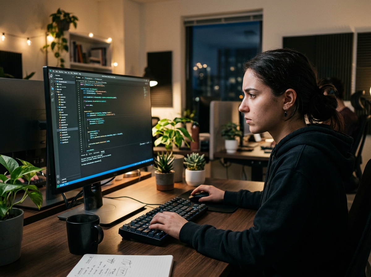 개발자가 코딩하는 모습과 디지털 데이터 화면