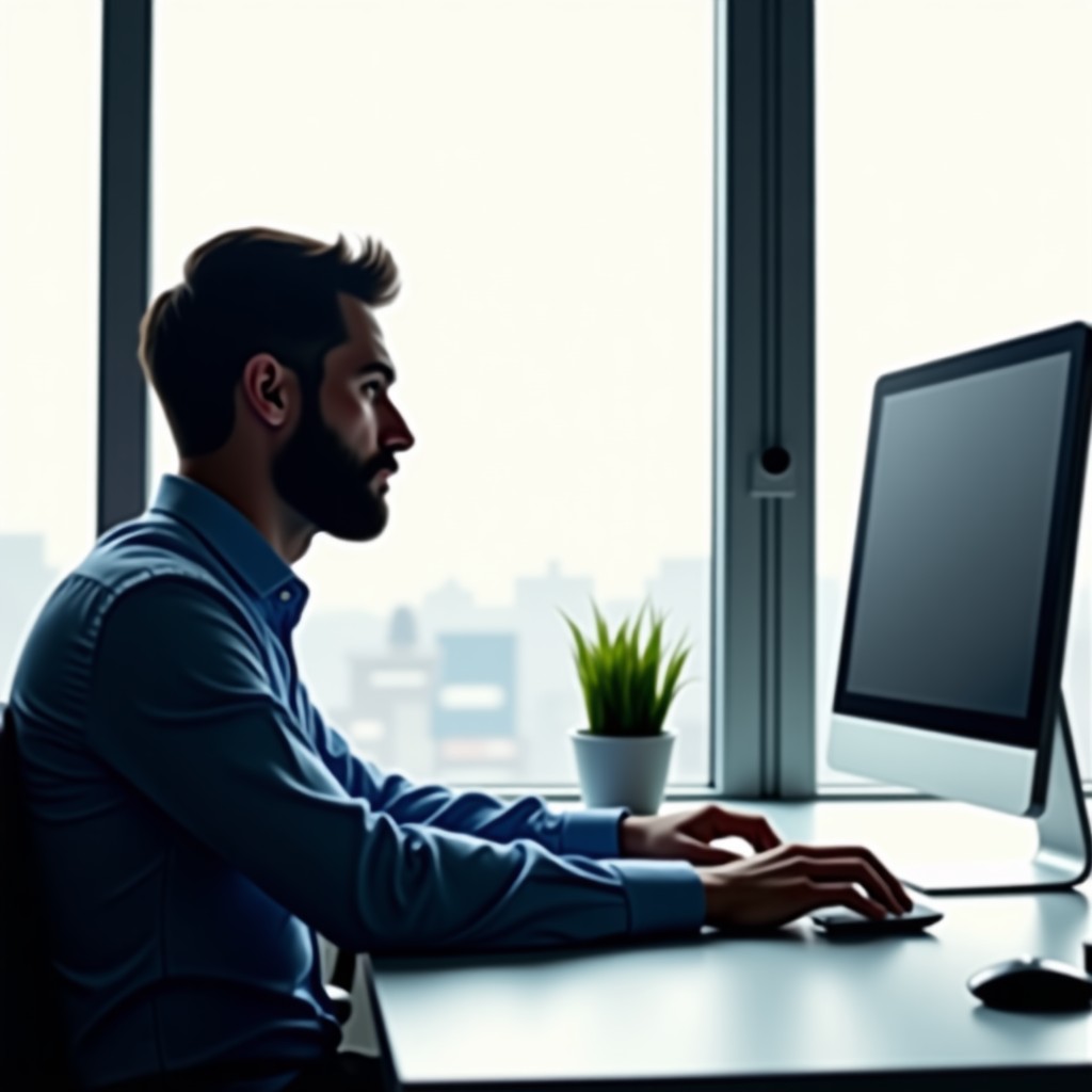A focused professional working on a high-tech computer setup, minimalist office interior, bright and clean atmosphere, 16:9