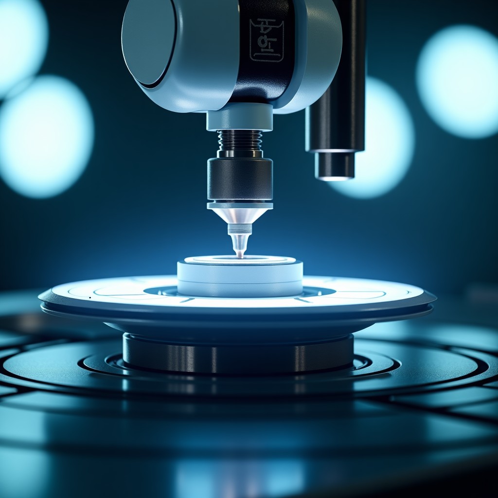 Close-up of a futuristic aerospace component being worked on by a robotic arm in a cleanroom environment, high contrast, industrial photography style, 4:3