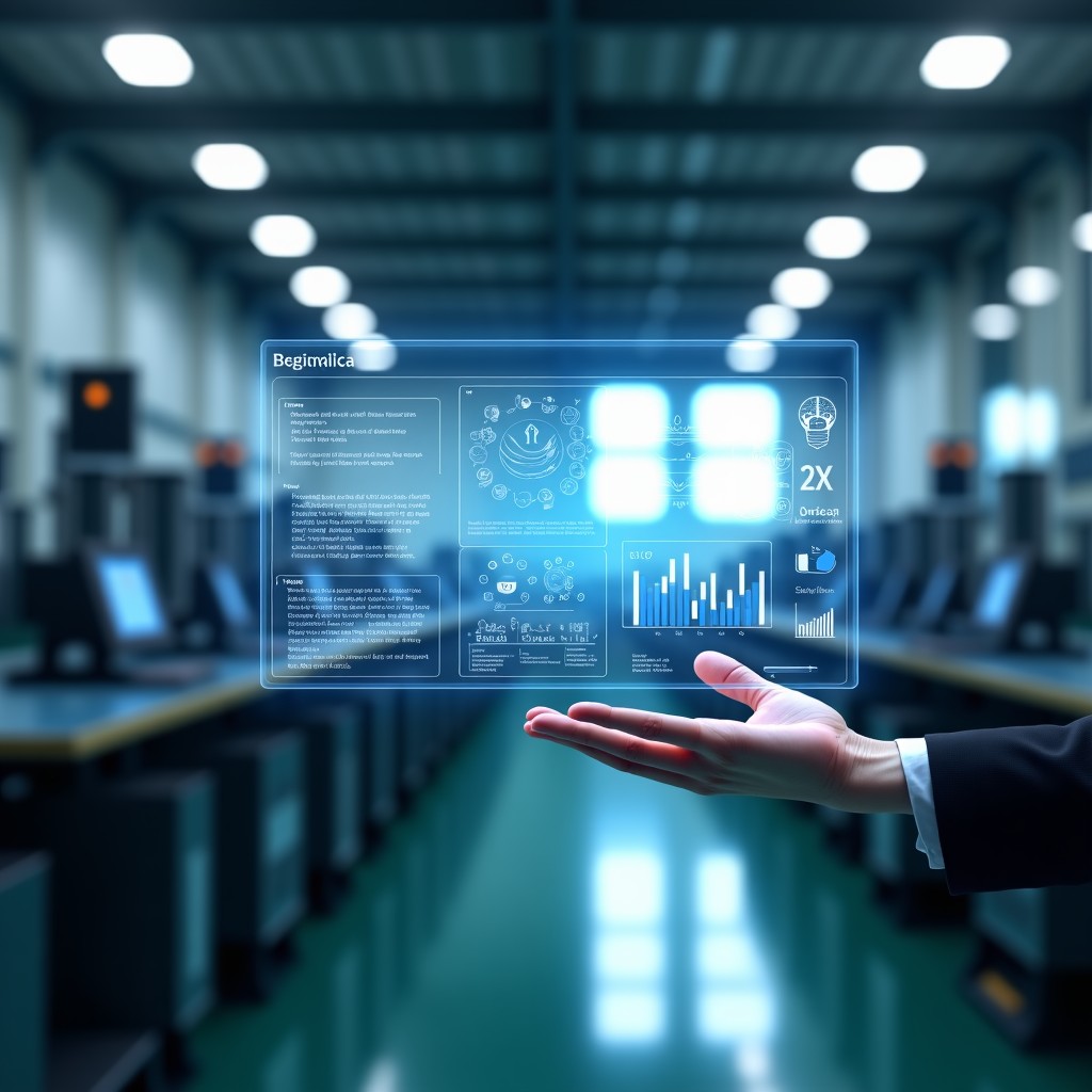 A complex holographic interface showing manufacturing efficiency and AI analytics over a blurry background of a large-scale industrial factory, professional atmosphere, 4:3