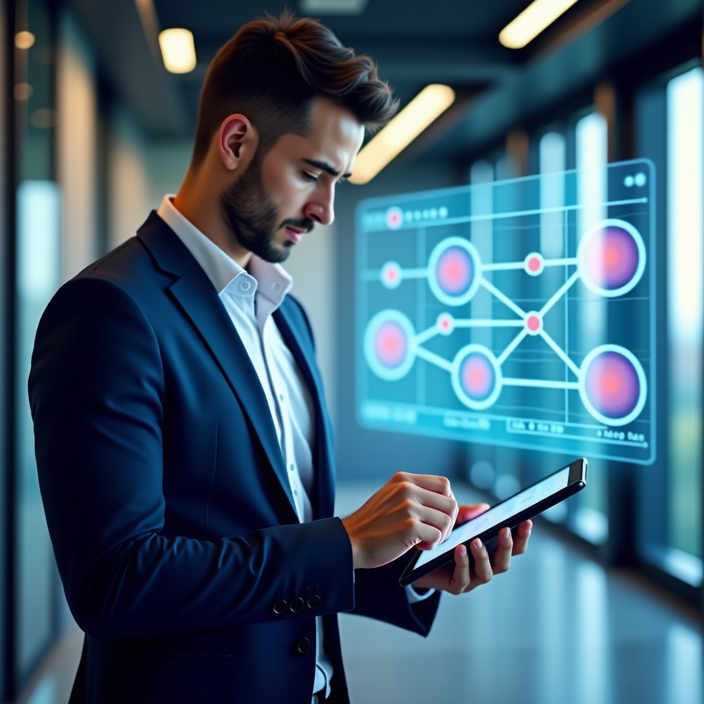 A business professional looking at a digital tablet with complex network graphs, modern office setting, bright and balanced lighting, realistic, 16:9 aspect ratio.