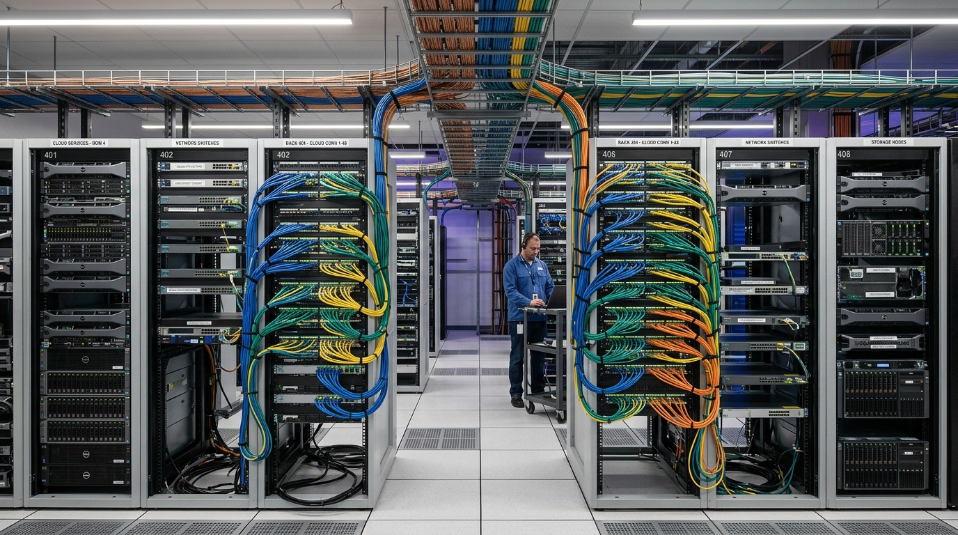 데이터 센터 내 서버의 복잡한 연결
