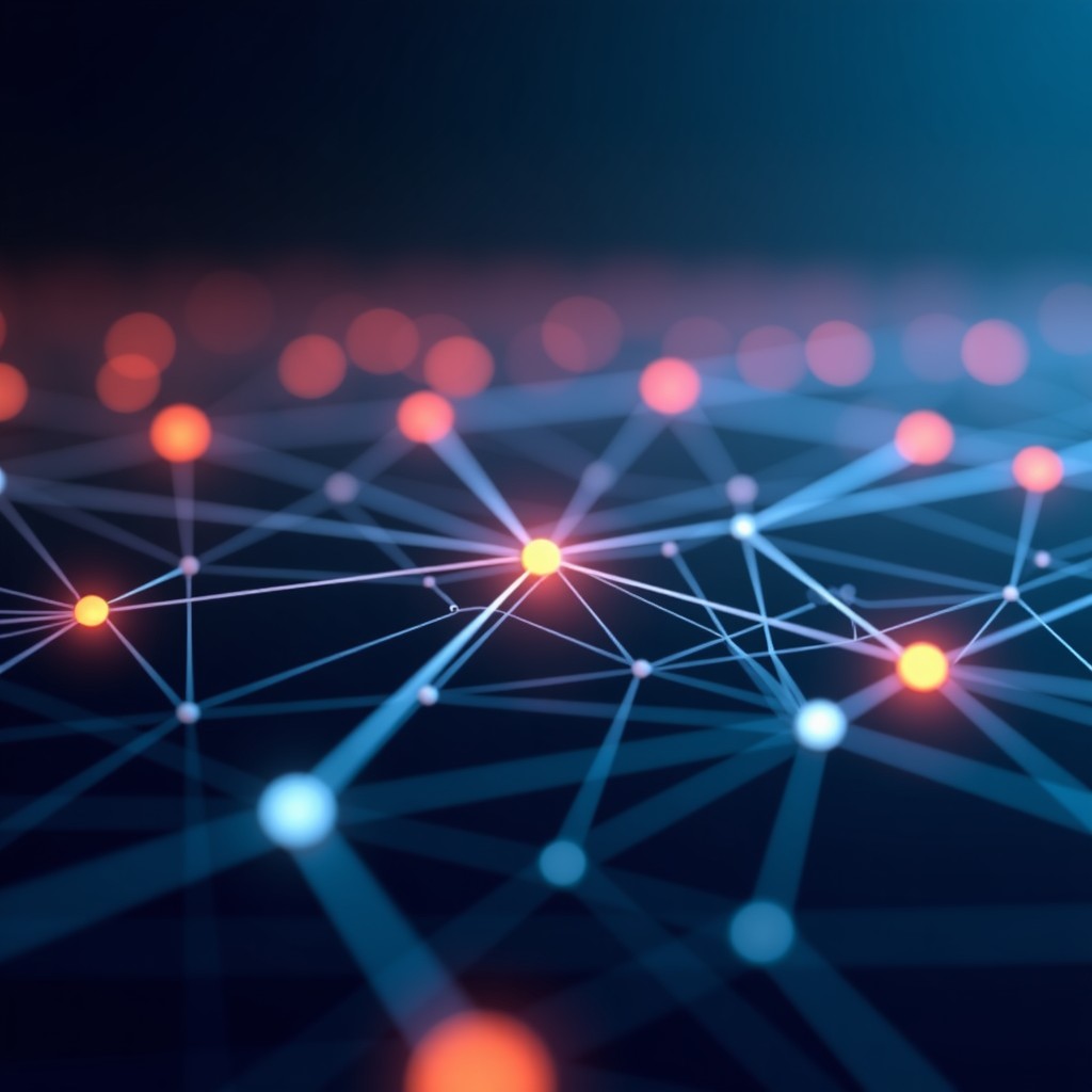 A high-tech data visualization concept with glowing nodes and lines forming a complex network structure, clean modern aesthetic, professional design, 16:9 ratio.