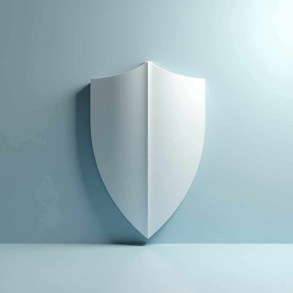 Minimalist conceptual art of a shield protecting digital circuits, soft light, clean composition, high definition, 16:9 ratio.