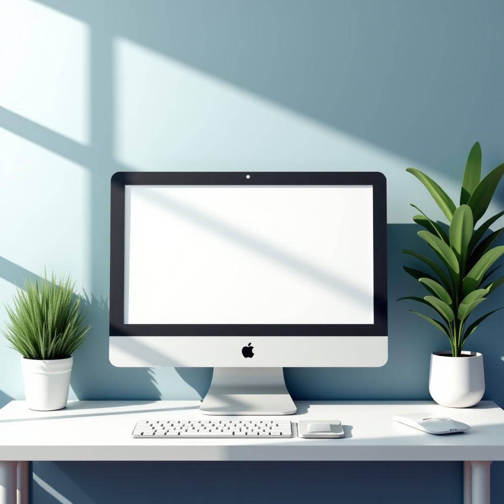 A clean modern workspace with a minimalist desk setup and digital interface elements floating in the background, professional atmosphere, 4:3