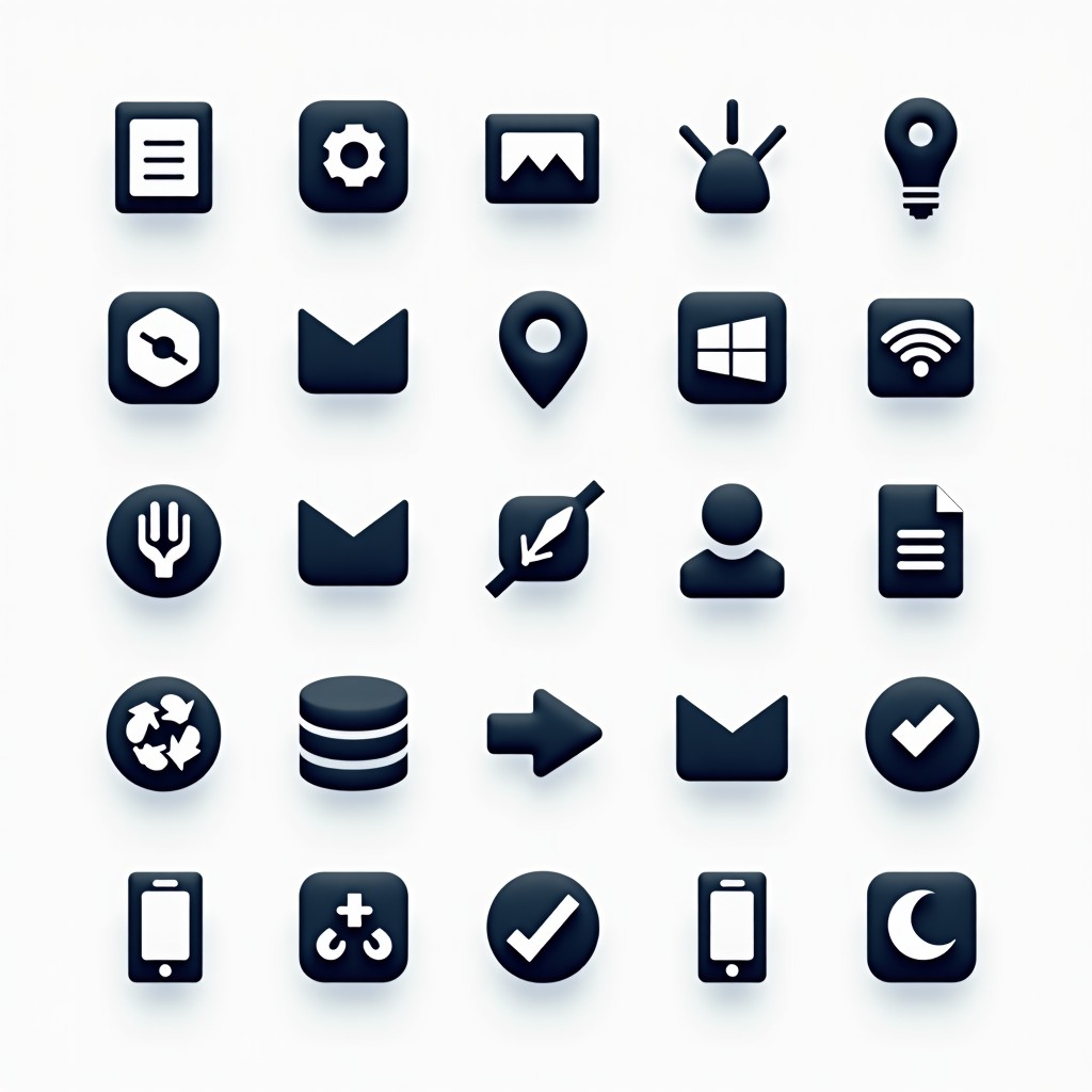 Various abstract icons representing digital productivity tools and software, modern flat design, minimalist composition, 4:3