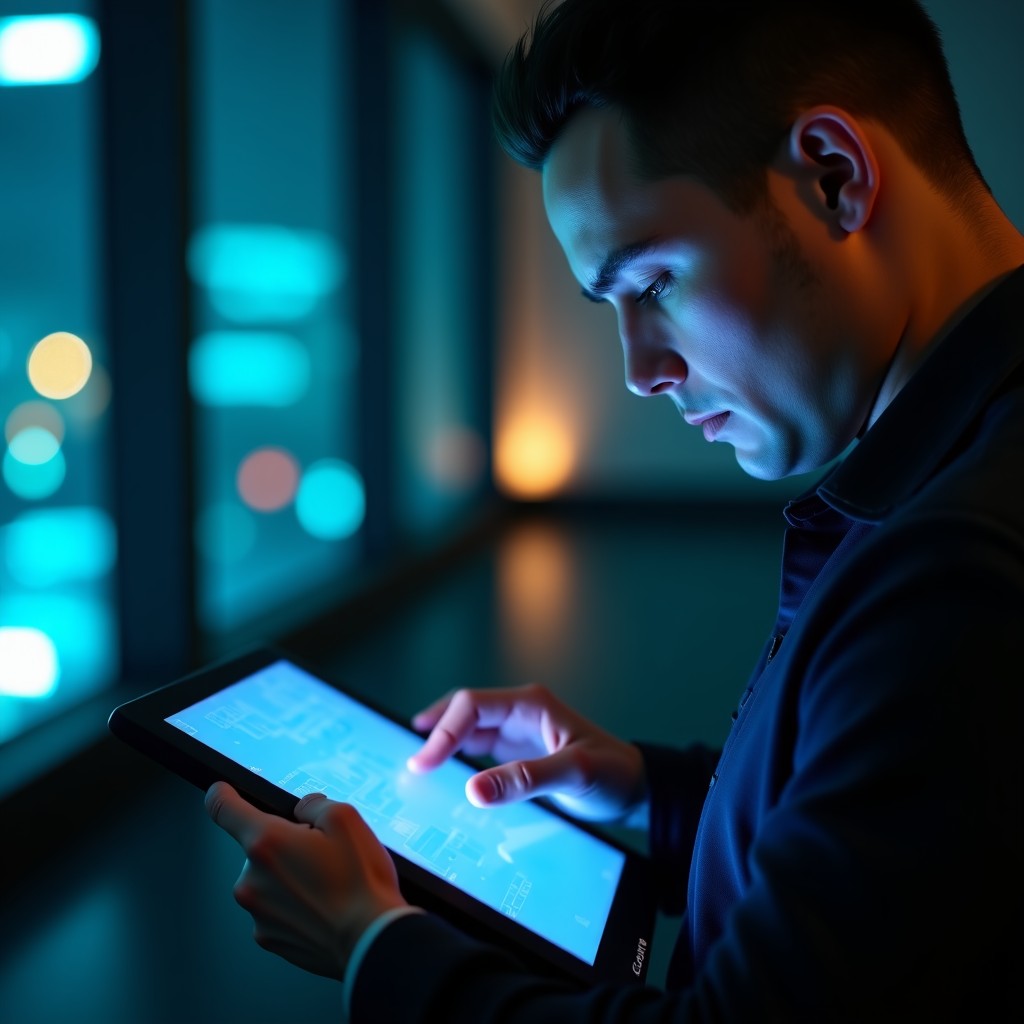 Close up of a person using a high tech digital interface on a tablet, focused expression, cinematic lighting, 4:3