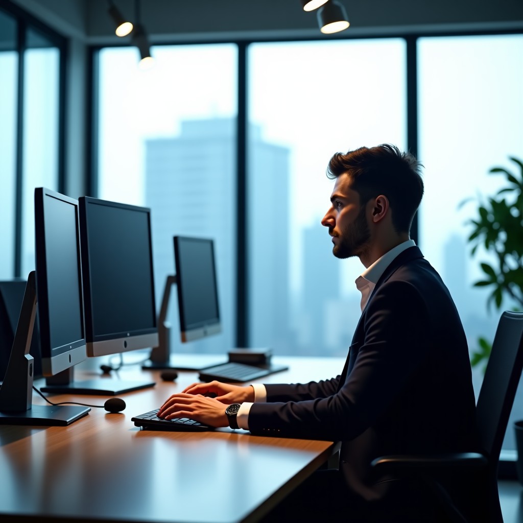 A professional person working in a bright modern office with AI recording devices on the desk, focused atmosphere, realistic photography, 4:3