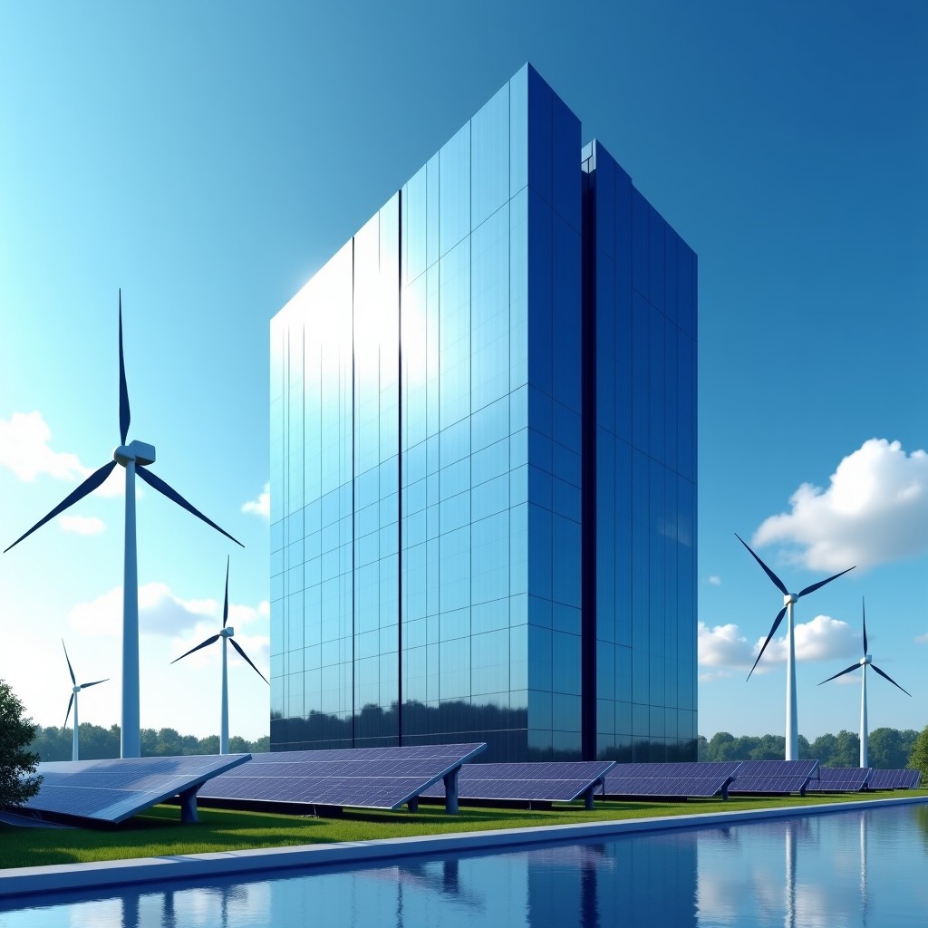 A futuristic data center building integrated with renewable energy sources like wind turbines and solar panels under a clear blue sky, professional photography, high contrast, wide angle, 4:3