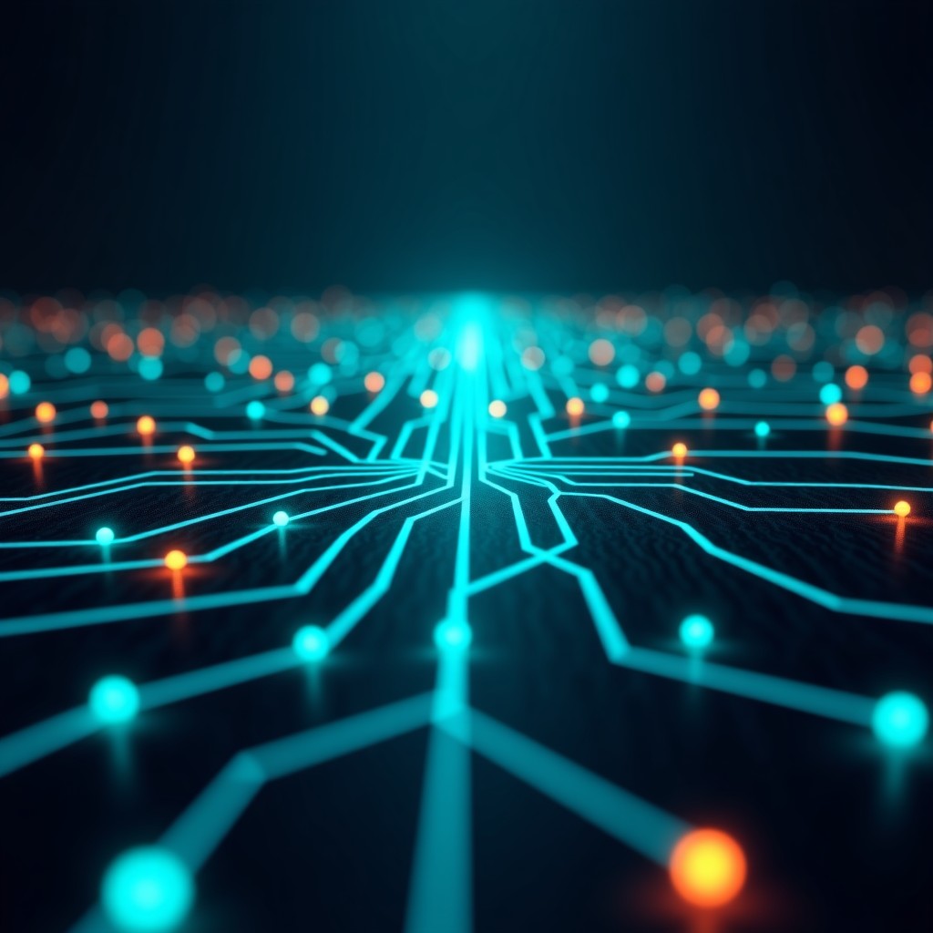 Abstract representation of digital energy flow in a smart power grid, glowing lines and network nodes, dark background with cyan and orange accents, modern technology style, 4:3