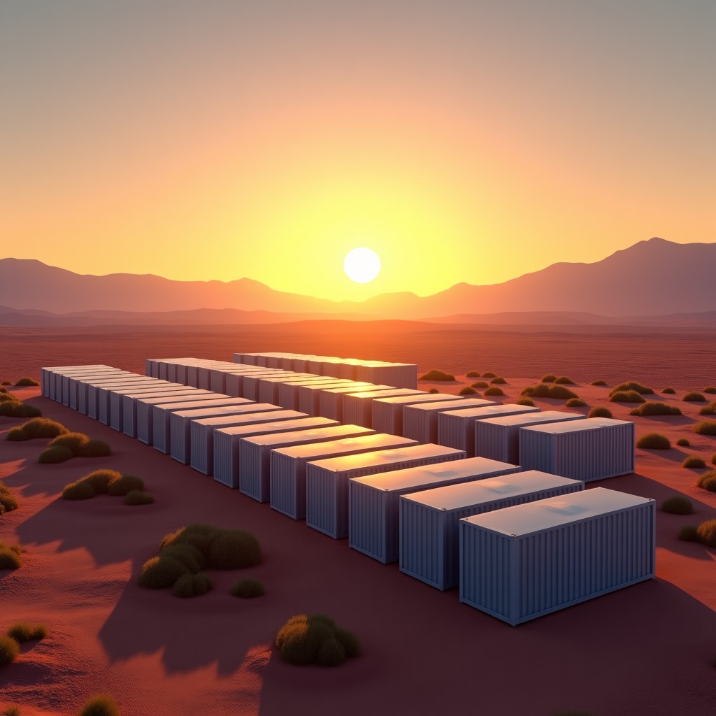 Large scale industrial battery storage facility in a desert landscape, rows of clean energy containers, sunset lighting, high resolution, 4:3