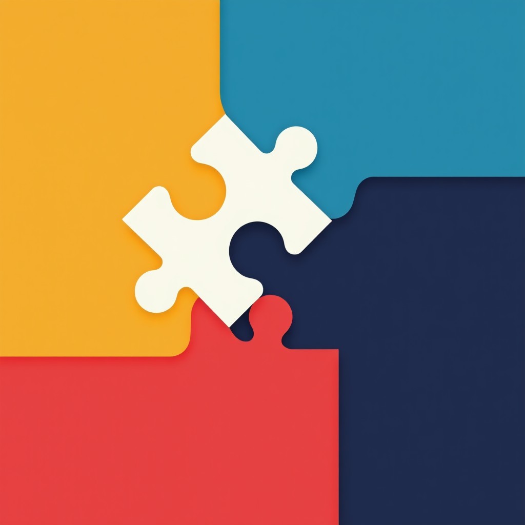 Abstract representation of a puzzle piece missing between tech development and human needs, vibrant colors, minimalist design, clean composition, 1:1 aspect ratio