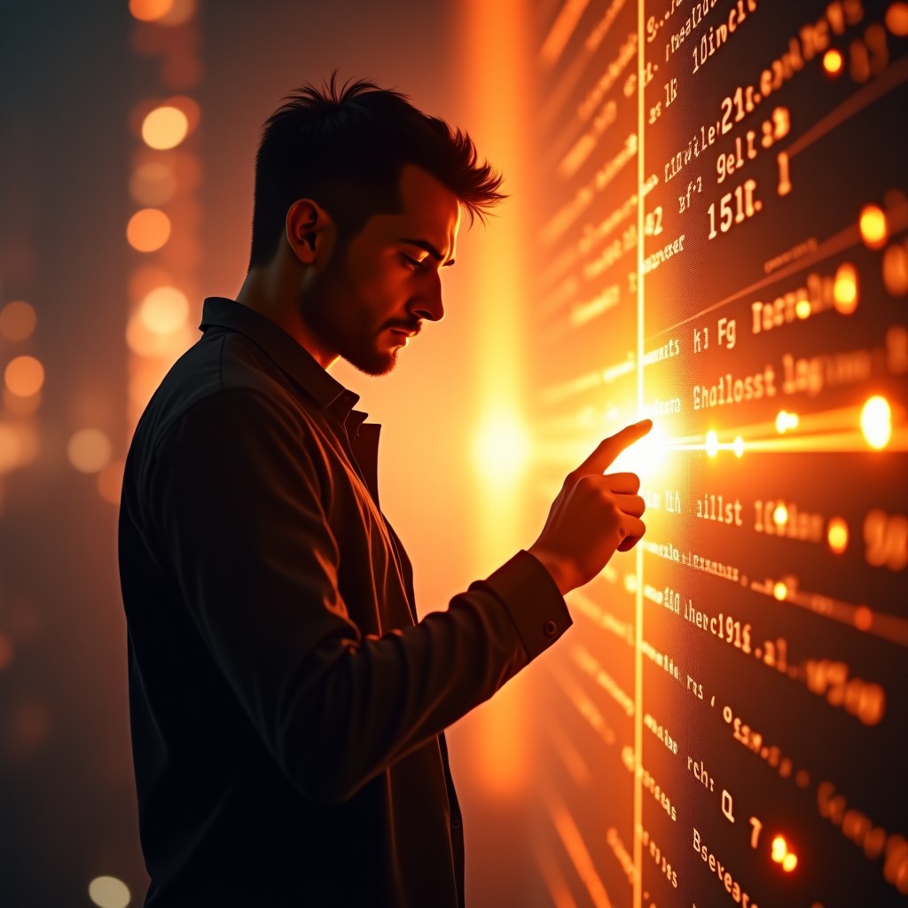 Conceptual art showing a silhouette of a person interacting with digital elements, glowing warm light, futuristic yet grounded in reality, 1:3 aspect ratio