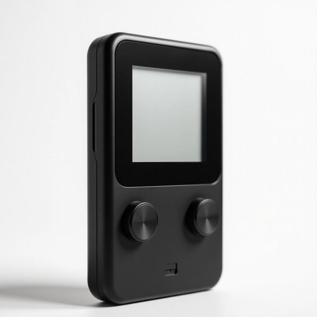 Close up shot of a minimalist handheld device with a monochrome display, clean lines, industrial design, focused on simple interaction, 4:3