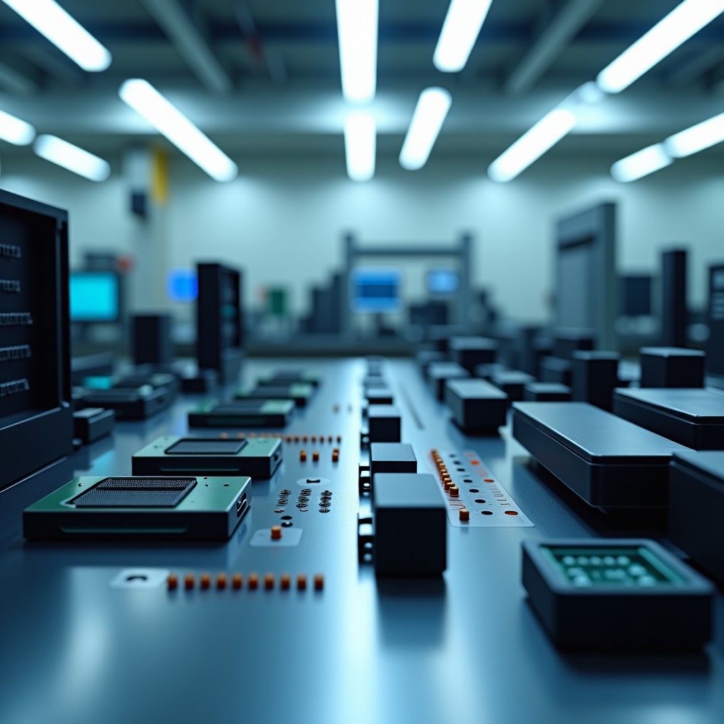 A professional laboratory setting with various tech prototypes and electronic components, blurred background, high detail, 4:3