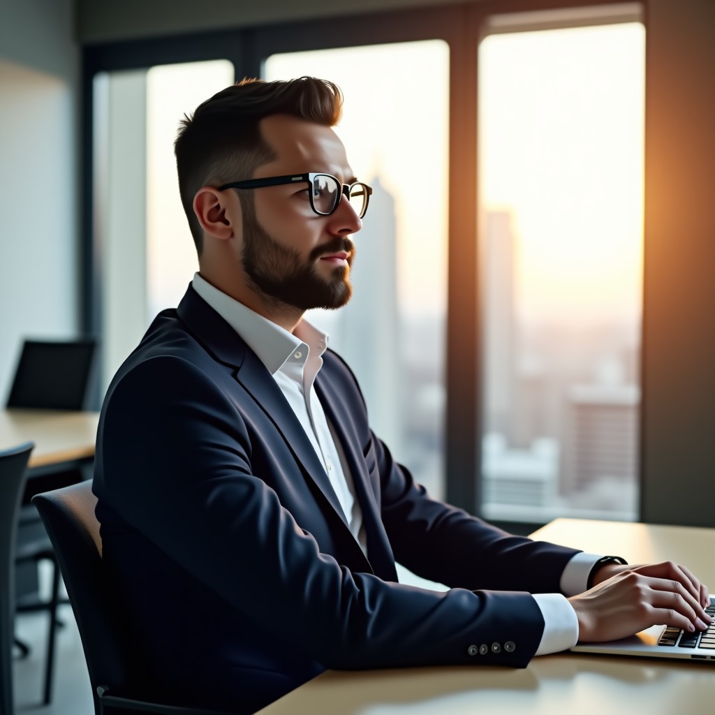 A serious business professional sitting in a modern meeting room, thinking about career changes, soft sunlight, highly detailed, 4:3