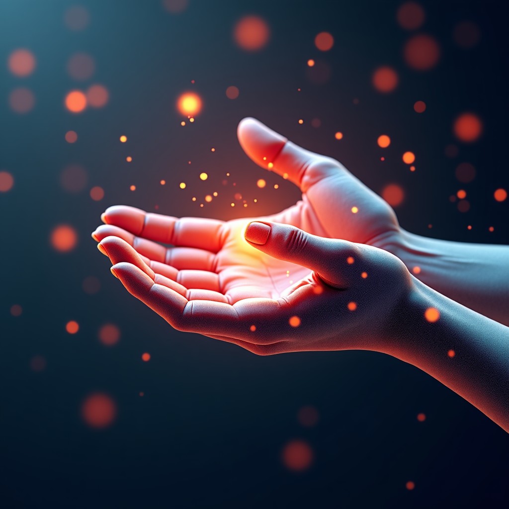 Abstract representation of digital human interaction with futuristic data nodes, warm and cool color contrast, photorealistic, 4:3