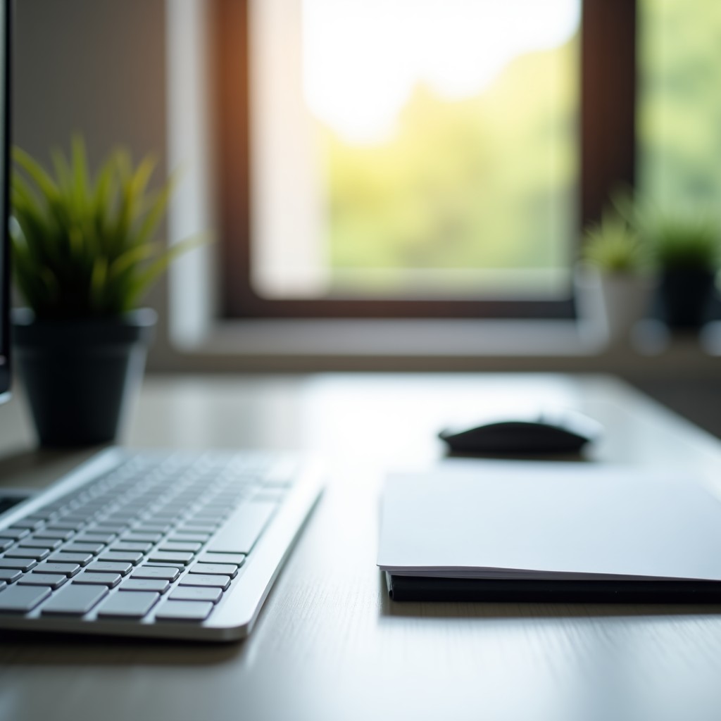 A clean aesthetic professional workspace with a keyboard, notebook, and a soft focus background of a modern office, bright lighting, high quality photography, 4:3 aspect ratio.