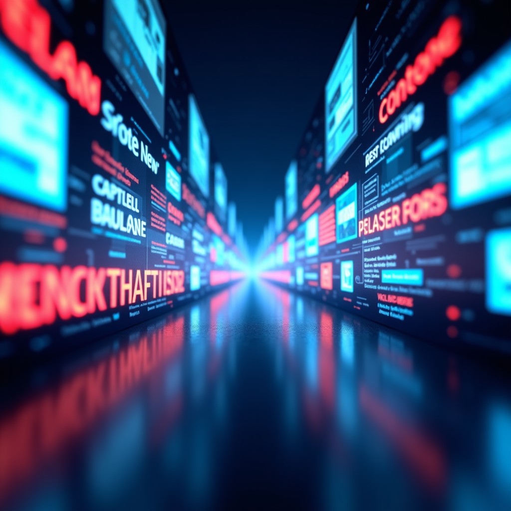 Abstract representation of distorted digital news headlines floating in a virtual workspace, sharp focus, vibrant colors, 4:3