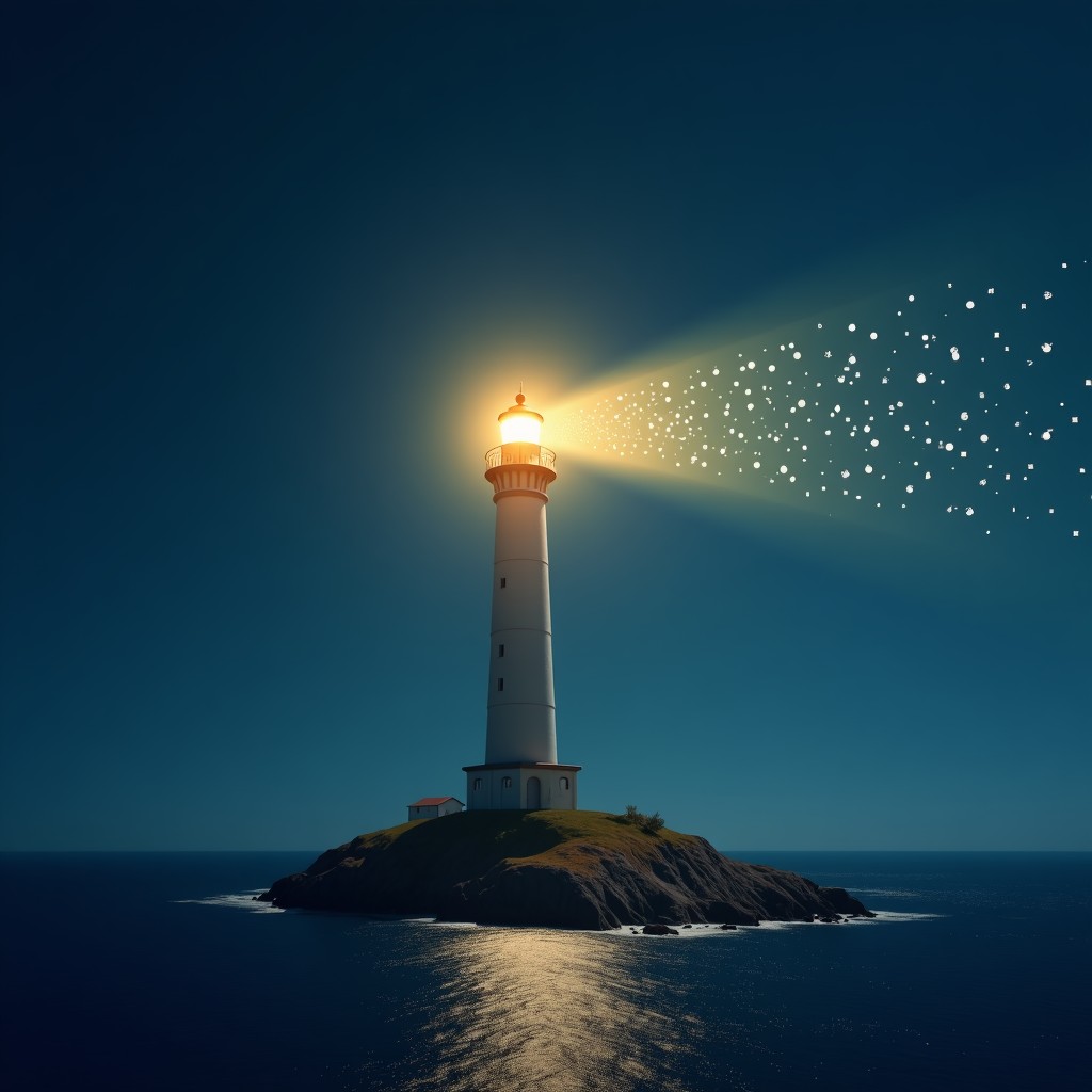 Conceptual art of a lighthouse shining light on broken digital text, symbolic of truth and information integrity, professional studio lighting, 4:3