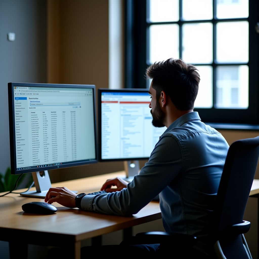 Person sitting at a modern desk with multiple monitors, focusing on authentic information, natural office lighting, 4:3