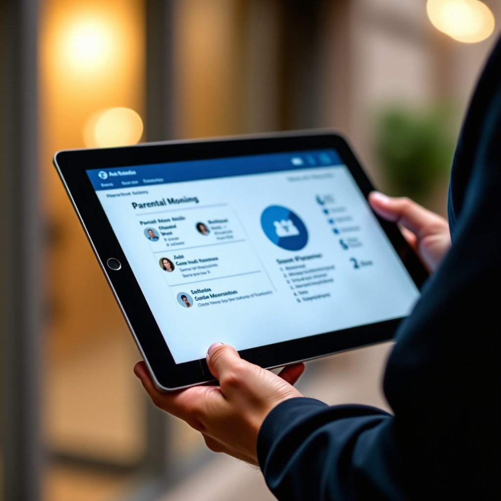 A professional conceptual shot of parental digital monitoring tools on a sleek tablet screen held in hand, soft lighting, focus on user interface, 4:3