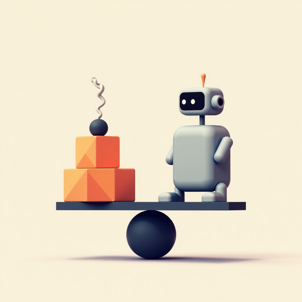 An artistic illustration representing the balance between digital creative content and machine learning, neutral background, minimalist composition, 4:3