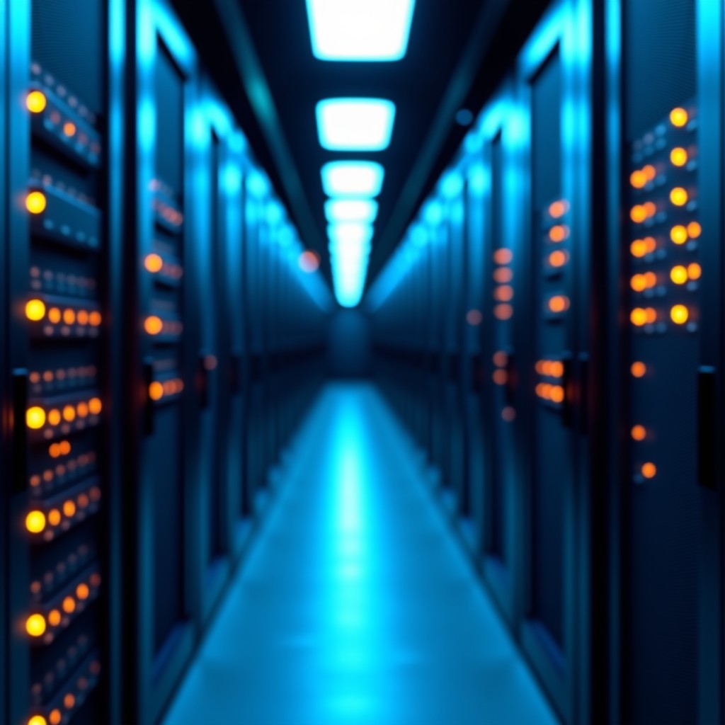 A clean studio photograph of high-end server technology with glowing connectivity nodes, shallow depth of field, 4:3