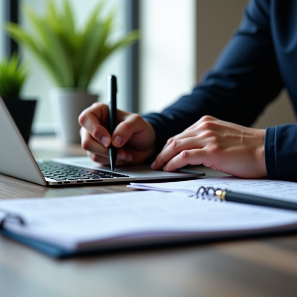 Close up of a journalist checking multiple sources on a tablet and notebook, concept of fact-checking and digital media integrity, professional atmosphere, 4:3