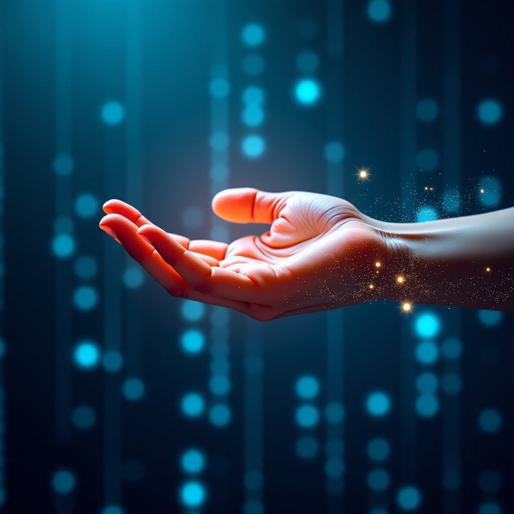 Abstract representation of digital data flowing and human oversight, glowing neural network patterns meeting a human hand, professional technology imagery, 4:3