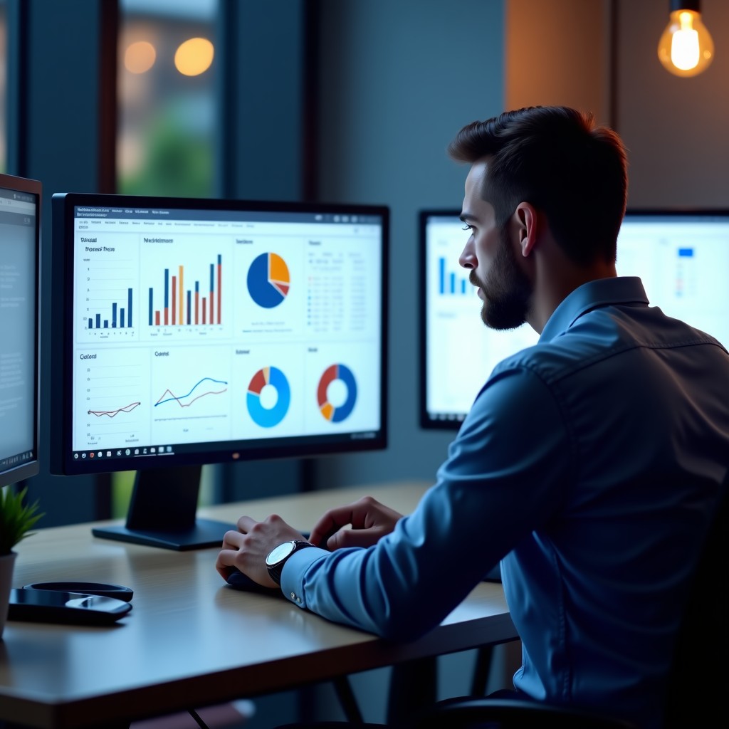 A focused person working on a desktop monitor with various data charts, highlighting the importance of manual verification and detail-oriented work, professional setting, 4:3