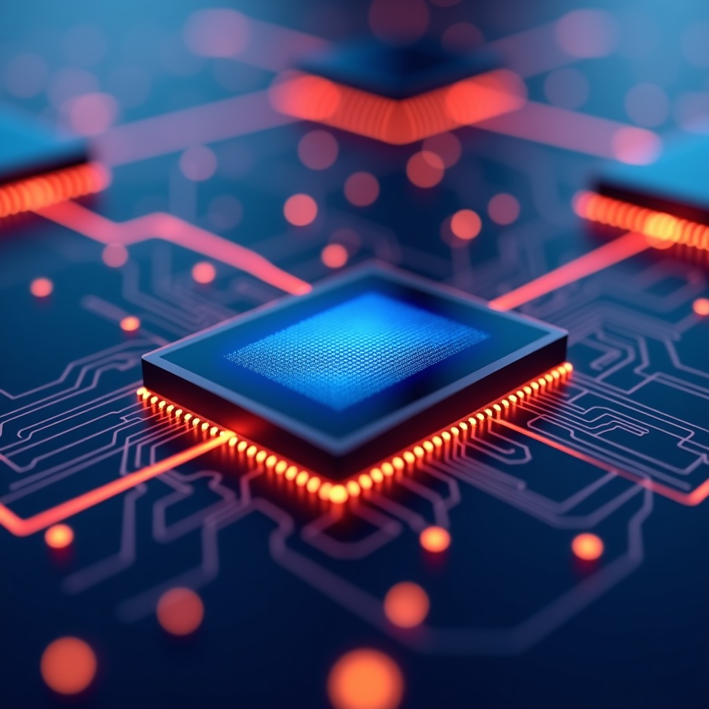Abstract representation of digital data flow and memory management, glowing circuits, clean high-tech background, macro photography, 4:3