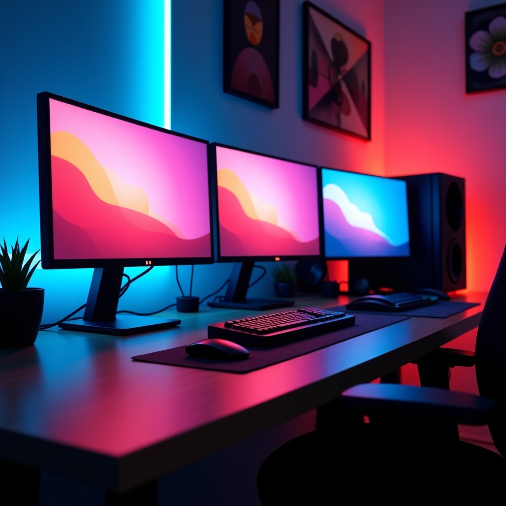 A modern home office setup with multiple monitors, vibrant screen displays, high-end hardware, cinematic depth of field, 4:3