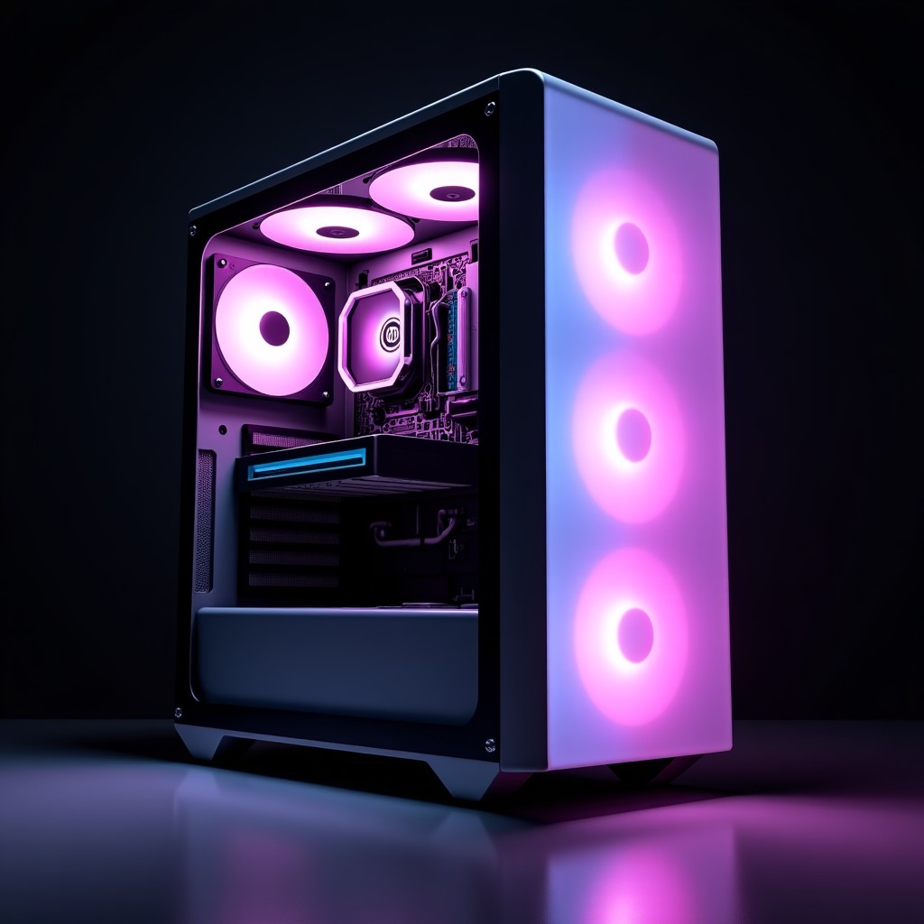 High-end custom gaming PC tower with internal RGB lighting, transparent side panel, sleek design, dark background, 4:3