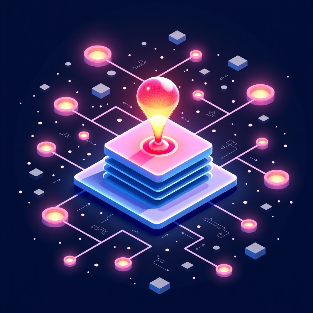 Abstract representation of digital data nodes connecting and forming a website structure, professional tech style, vibrant colors, 4:3