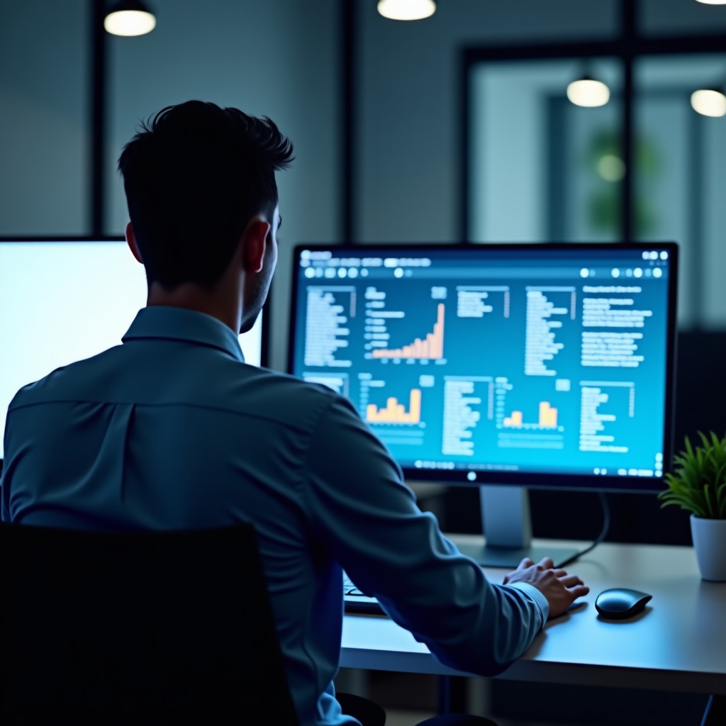 A modern office environment with a person looking at a screen showing advanced AI analytics, cinematic lighting, wide angle, 4:3