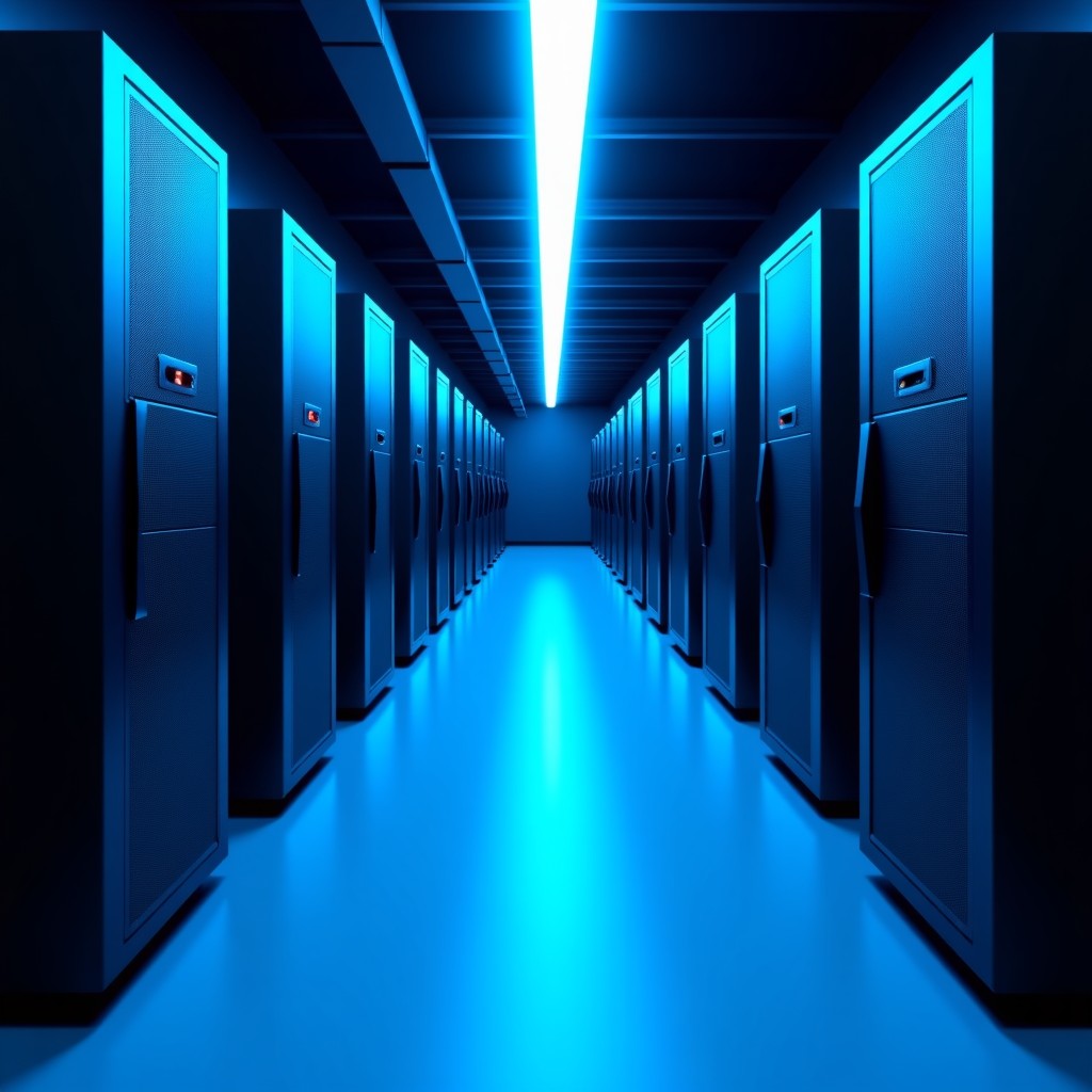 Modern data center interior with servers and blue LED lighting, clean lines, high-tech energy concept, balanced composition, 4:3