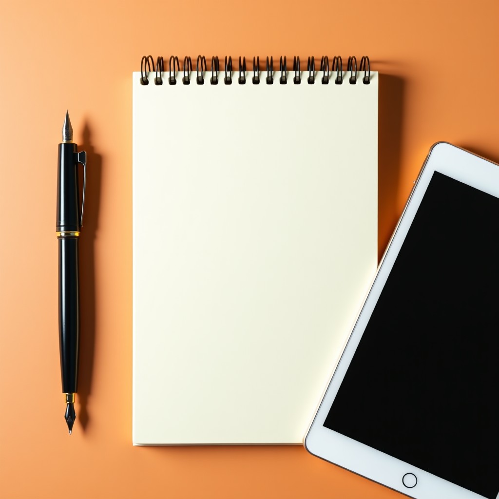 A flat lay composition of a fountain pen, a paper notebook, and a tablet, minimalist aesthetic, warm lighting, 4:3