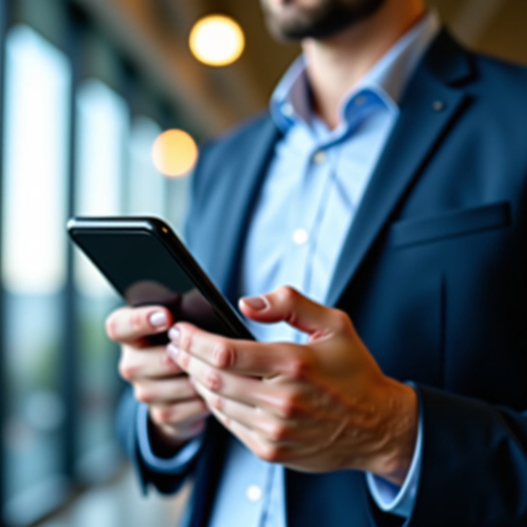A person holding a modern smartphone, intuitive AI interface, digital assistance, sleek hardware, blurred tech office background, realistic, high quality, 1:3