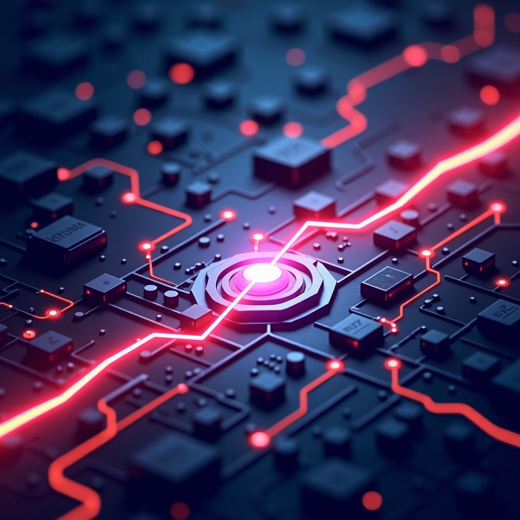 Conceptual art representing tech market competition, abstract shapes, glowing lines, modern hardware aesthetics, premium feel, 4:3